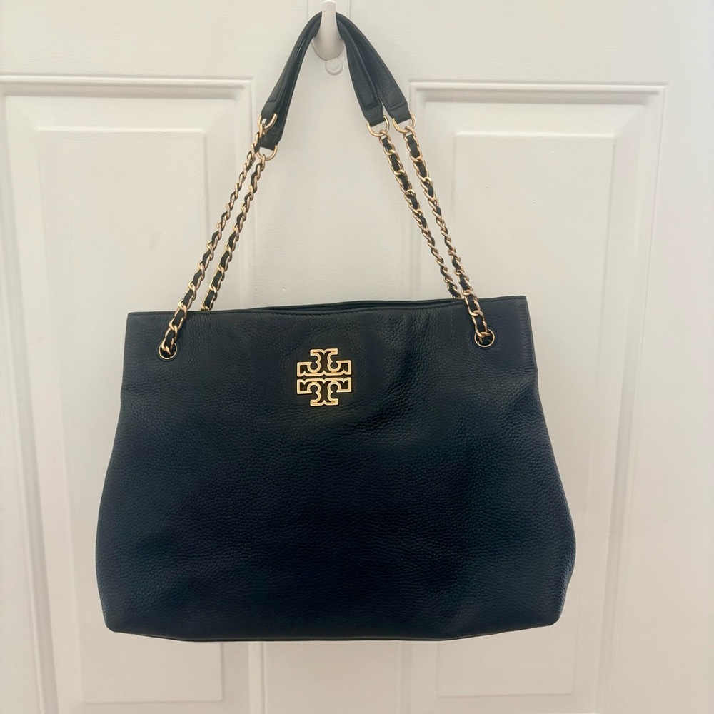 Tory Burch Robinson Black Pebbled Leather Gold Chain Tote Bag